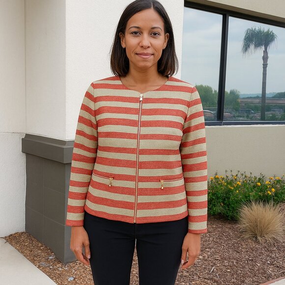 Lafayette 148 Zip Front Jacket Coat Blazer Business Casual Small Stripe Metallic - Picture 1 of 7